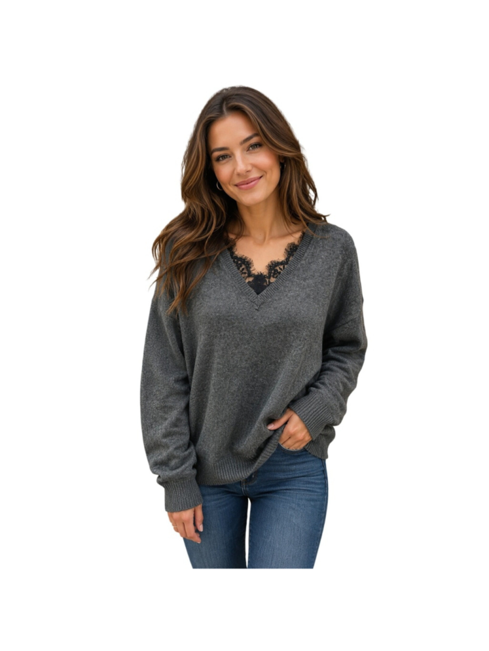 Loft Gray V-Neck Sweater w/ Black Lace Trim Soft Knit Long Sleeve S slub career